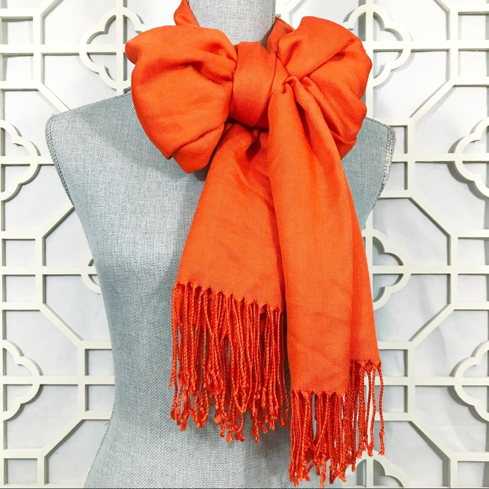Orange Frayed Hem Twisted Tassel Hem Scarf